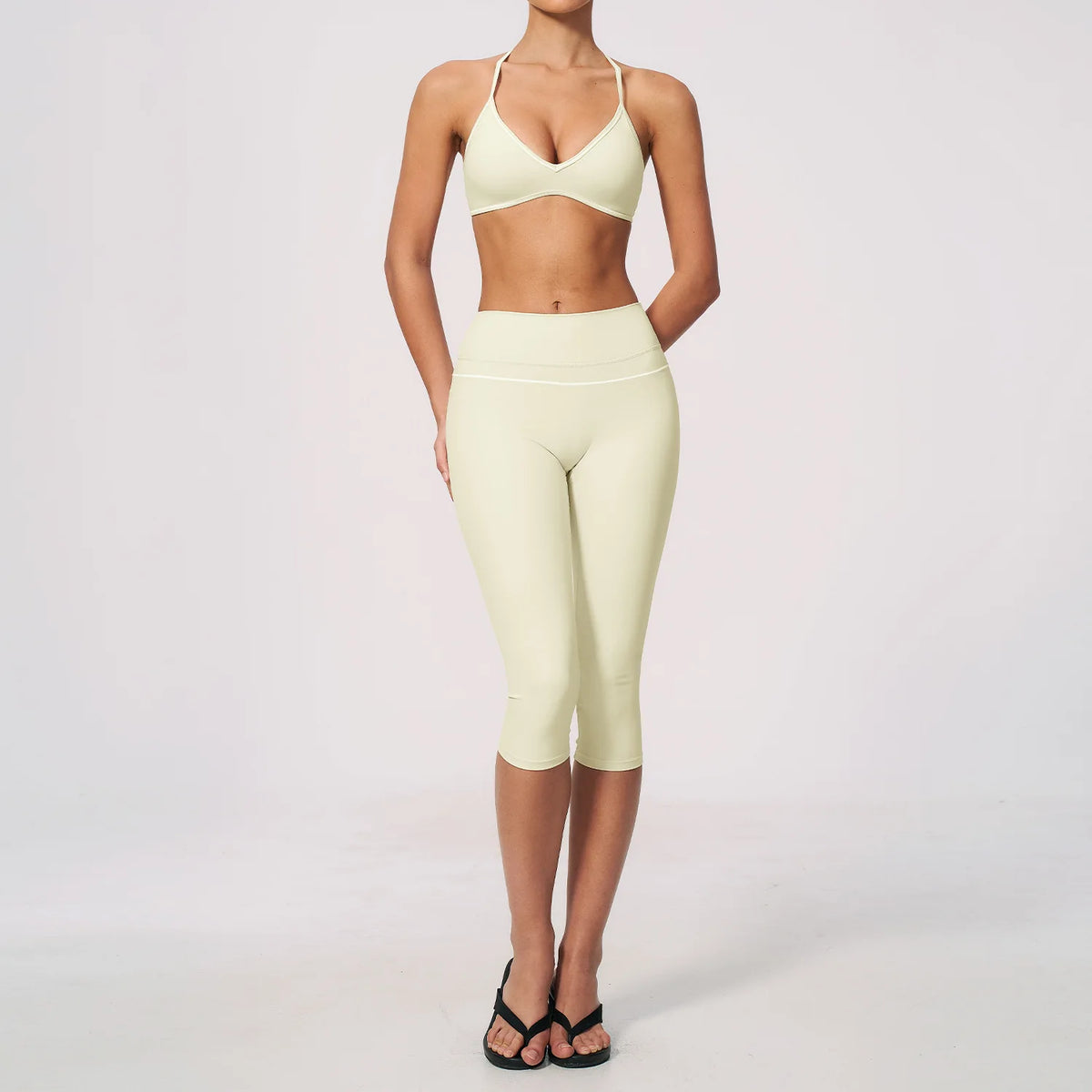Women 2 Piece Yoga Set V Neck Crop Top and V Back Capri Leggings Butt Lifting Workout Gym Suit Contrast Piping Activewear Female