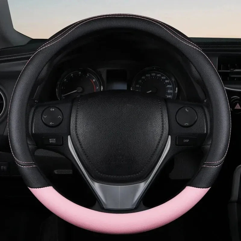 1PC New PU Leather Splicing Leather Anti-slip Wear Four Seasons Universal Steering Wheel Cover Black Pink
