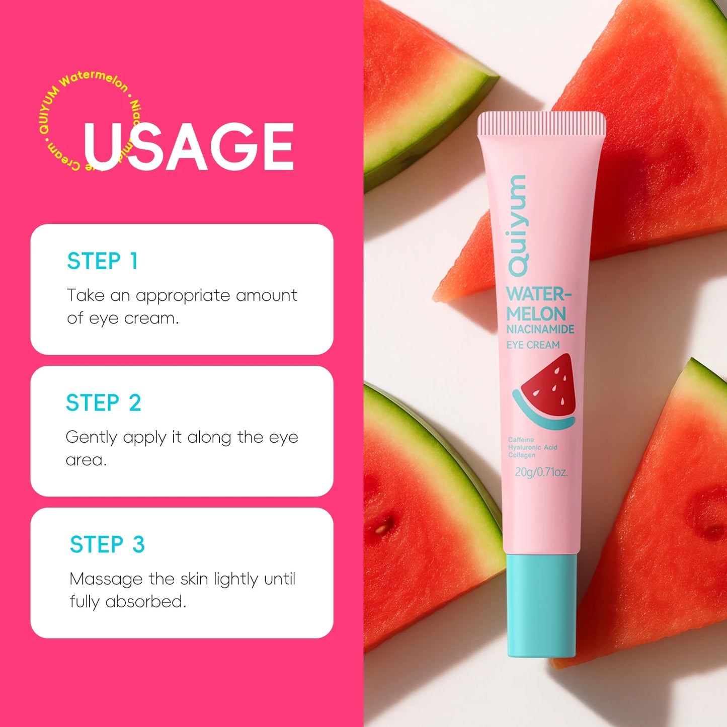 Quiyum Watermelon Niacinamide Eye Cream 20g High Moisture Radiant Glow with Caffeine & Hyaluronic Acid