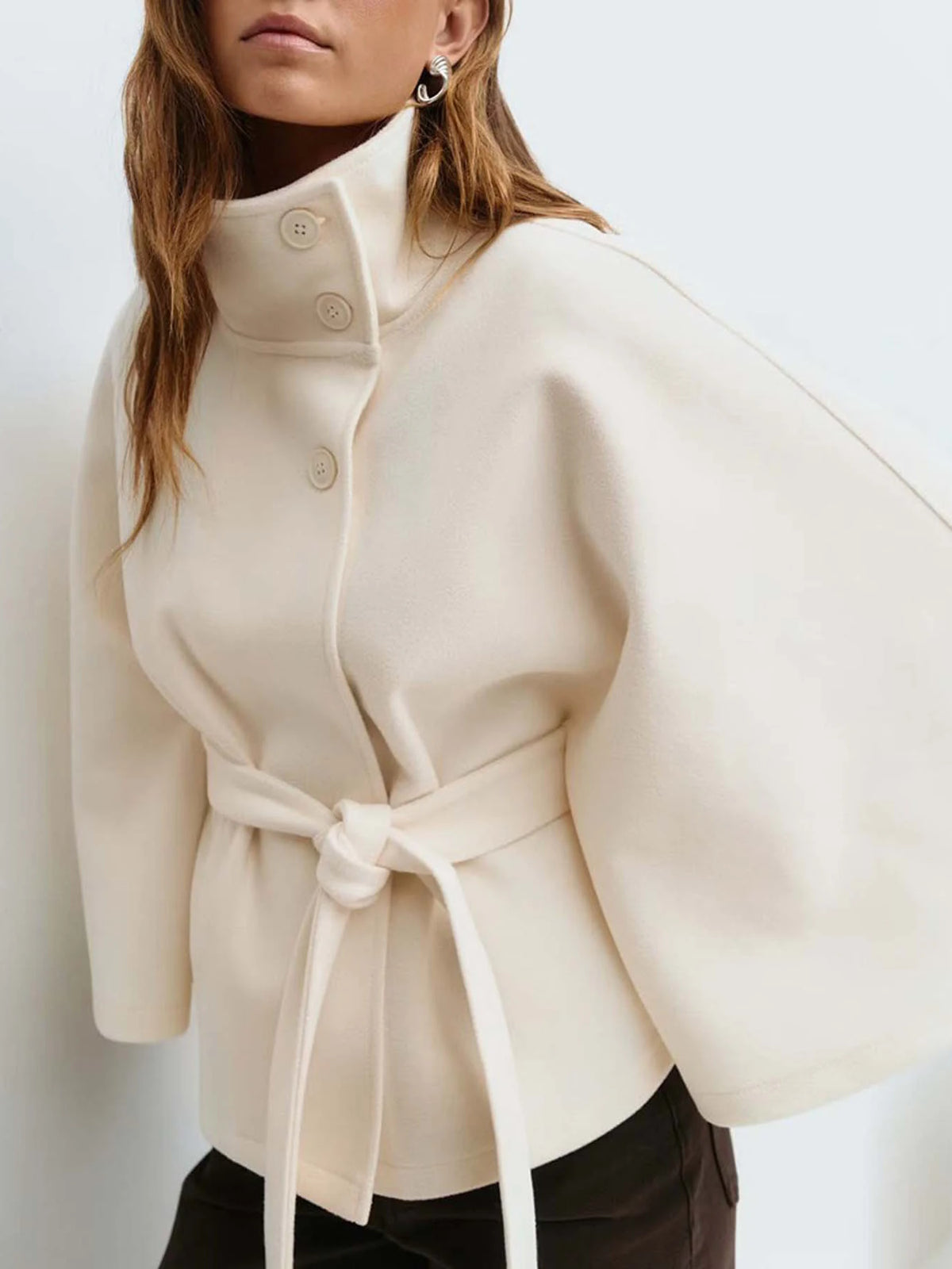 Women Lace Up High Neck Jackets for Women with Belt Elegant Windbreaker Faux Wool Blends Cape Korean Solid Windbreaker Cloak
