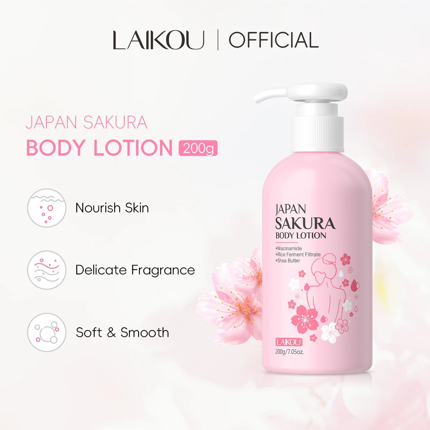 LAIKOU Japan Sakura Body Lotion Nourishing Body Moisturizer Fragrant Body Cream Soft Smooth Skin Treatment 200g