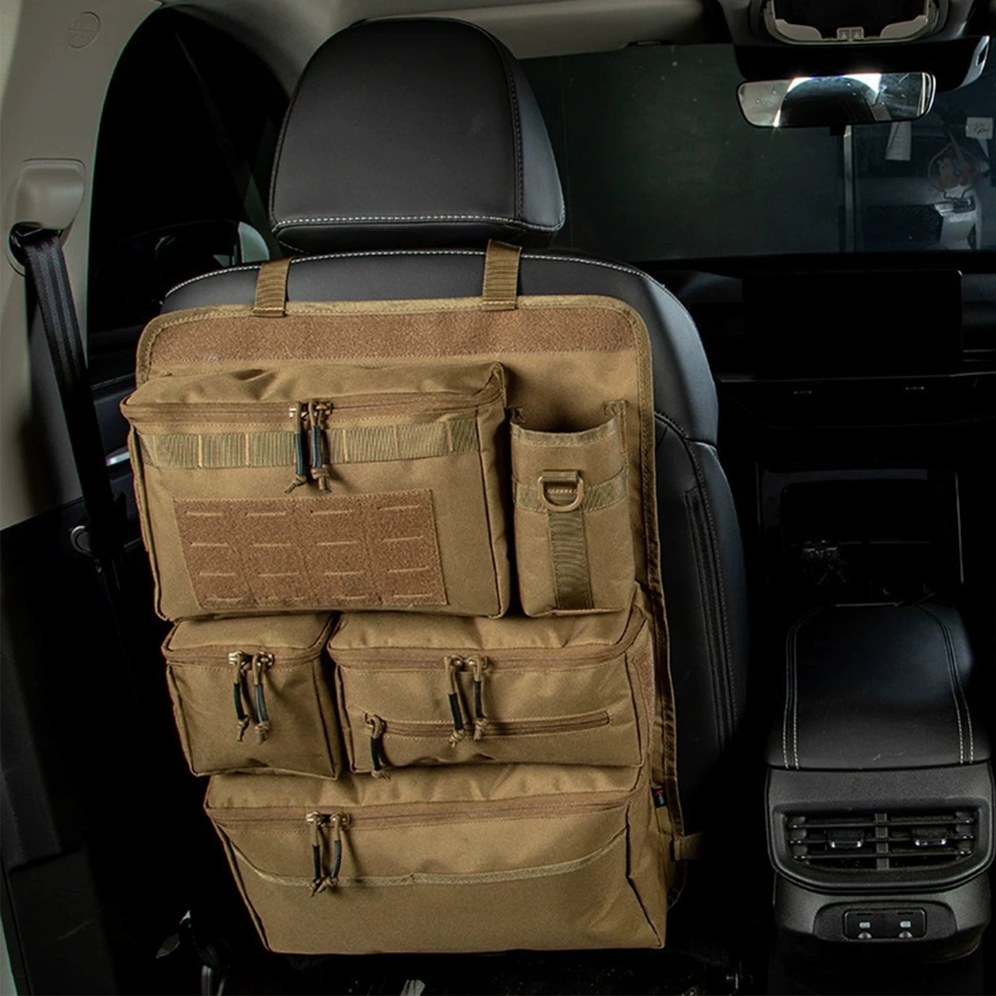 Tactical Car Seat Organizer with Multiple Pockets, Vehicle Backseat Storage Bag with Cup Holder Hanging Rear Seat Bag