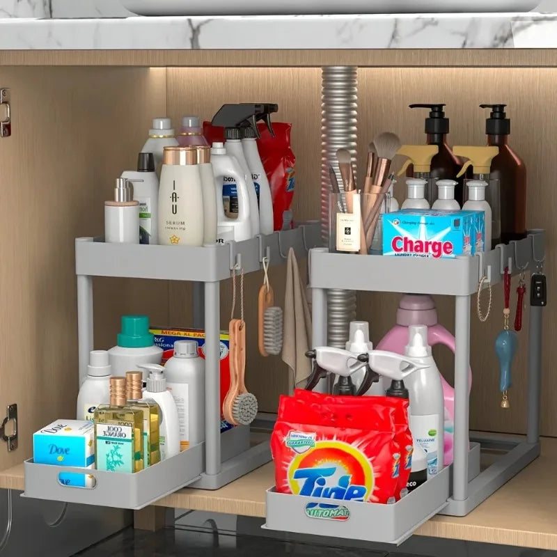 2-Tier Sliding Under Sink Organizer Space Saving Bathroom Cabinet Storage Drawer
