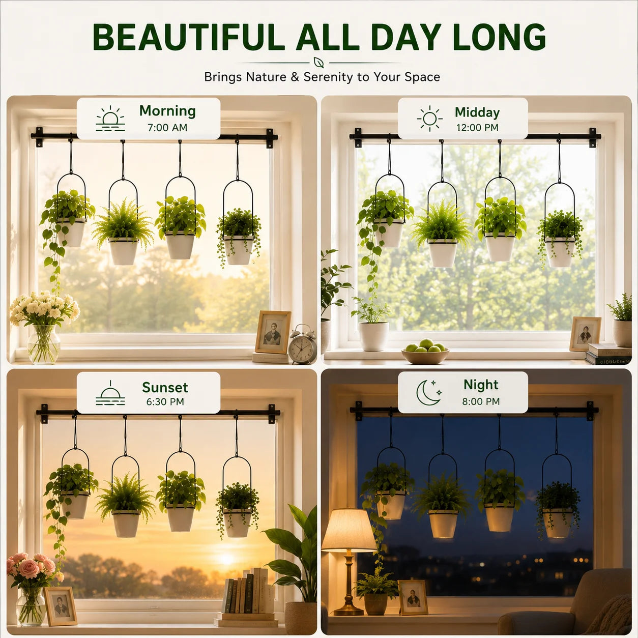 Adjustable Hanging Window Planter with 4 Pots, 41 Inch Wall Mounted Metal Plant Hanger, Space Saving Indoor Herb Garden Hanging Plant Rack for Kitchen, Balcony, Living Room & Home Decor