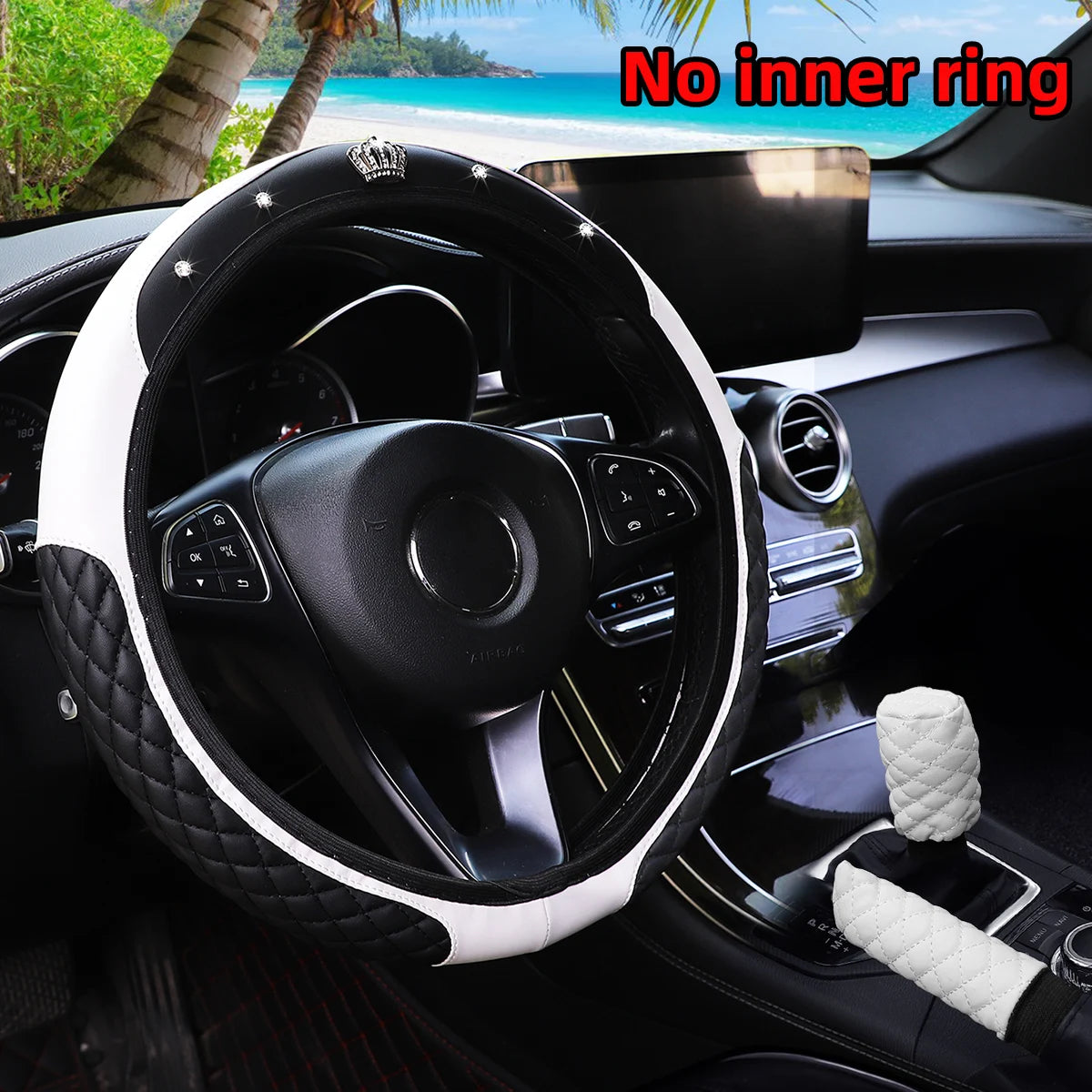 3-piece pu leather embroidered crown diamond car without inner ring steering wheel cover handbrake cover handle cover