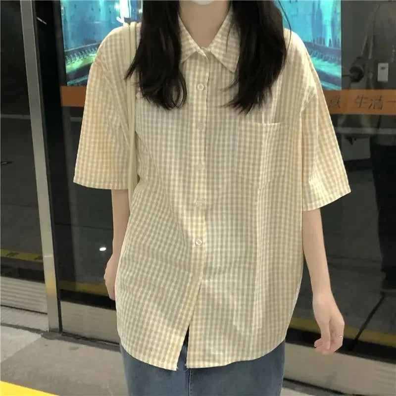 Plaid Shirts for Women Youthful Commuting Fresh Pocket Summer Autumn Short Sleeve Tops Tender Hipster Vintage American Style