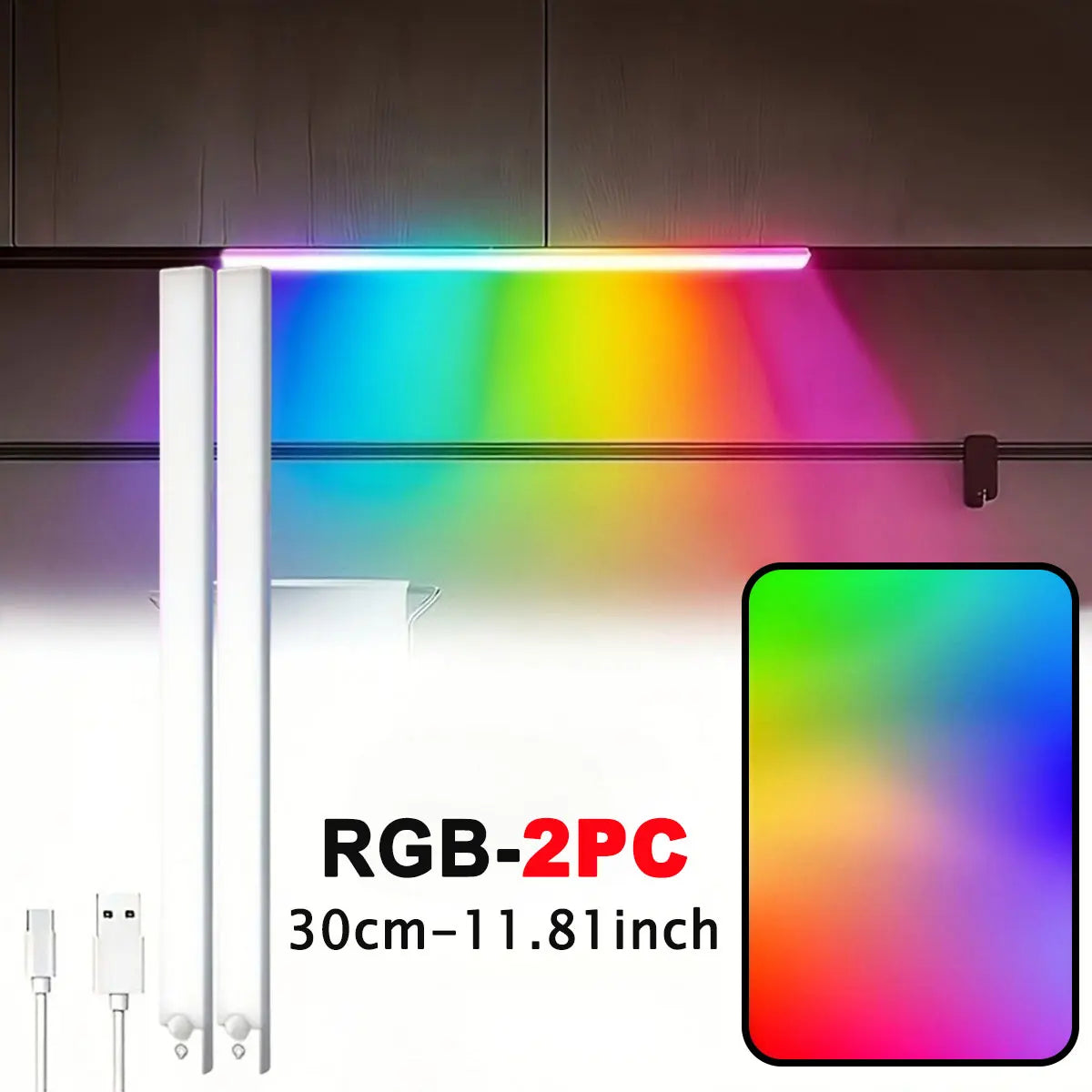 11.81/19.69in RGB Cabinet Light USB Type-C Rechargeable Light Motion Sensor Led Lamp for Kitchen Wardrobe Cabinet Lighting