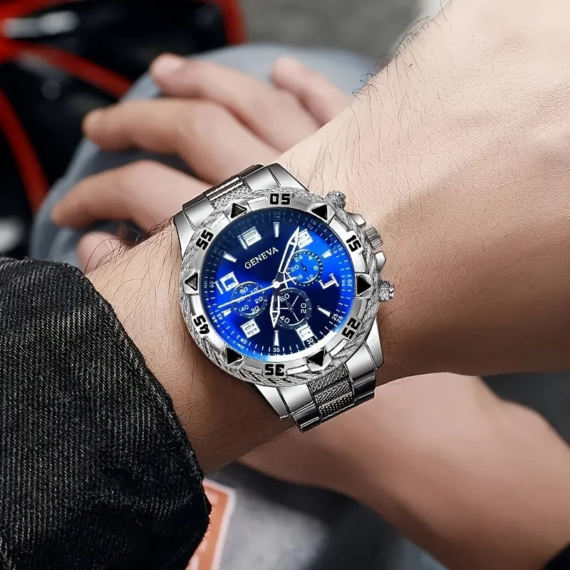 Men's Geneva Watch Set 4 Styles Luxury Chronograph Quartz Wristwatches Stainless Steel Band Business Casual Watch for Men