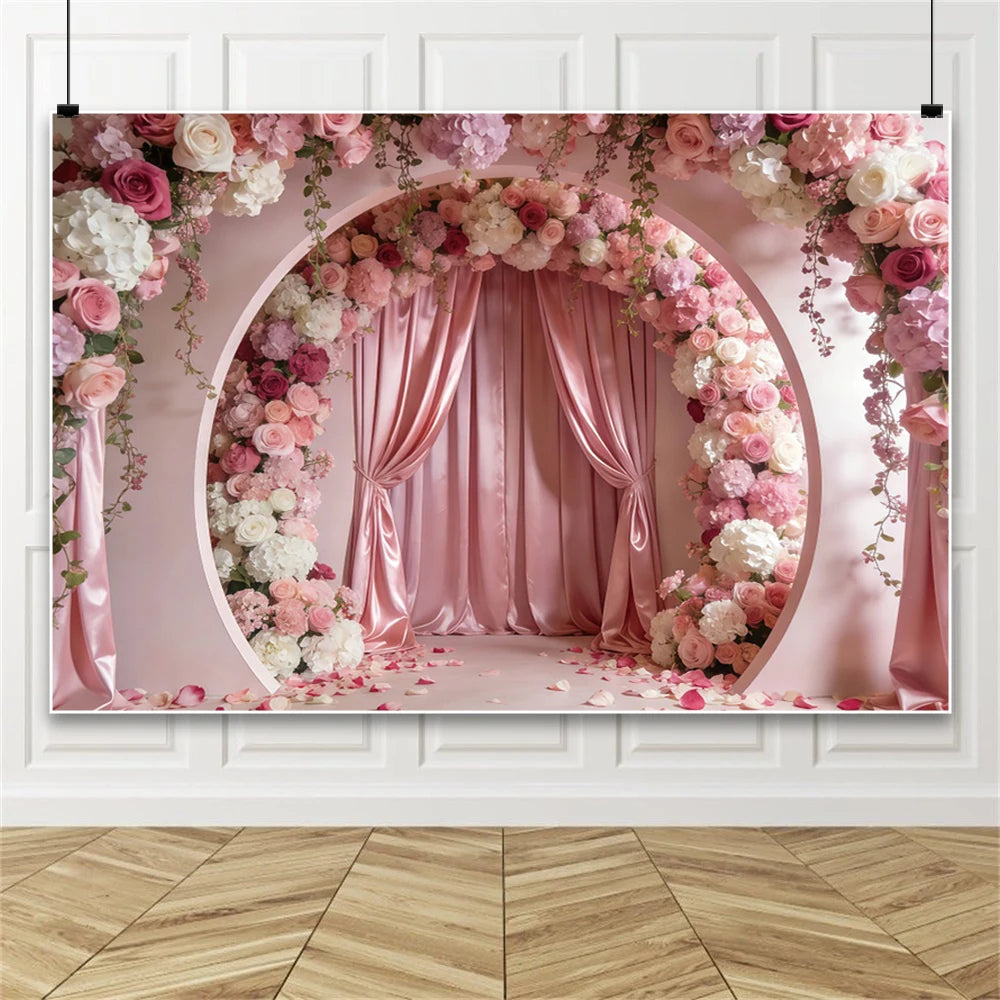 Pink Floral Wedding Backdrop Rose Arch Satin Drapery Photography Background for Bridal Shower Ceremony Photo Booth Decor