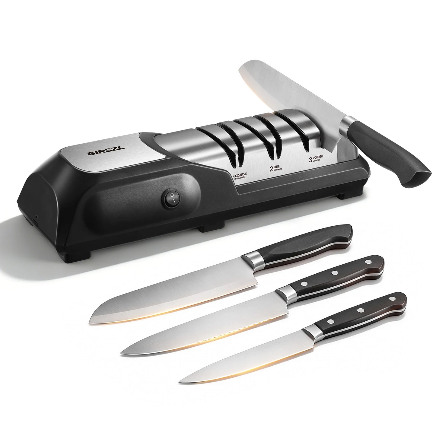 One Touch Electric Knife Sharpener, Safe Family Use Knife Sharpener with Fixed 15° Angle Protects Chef Knives, Diamond Wheel & Quiet Pure Copper Motor, Sharpen Kitchen Steak Paring Straight Ceramic Knives