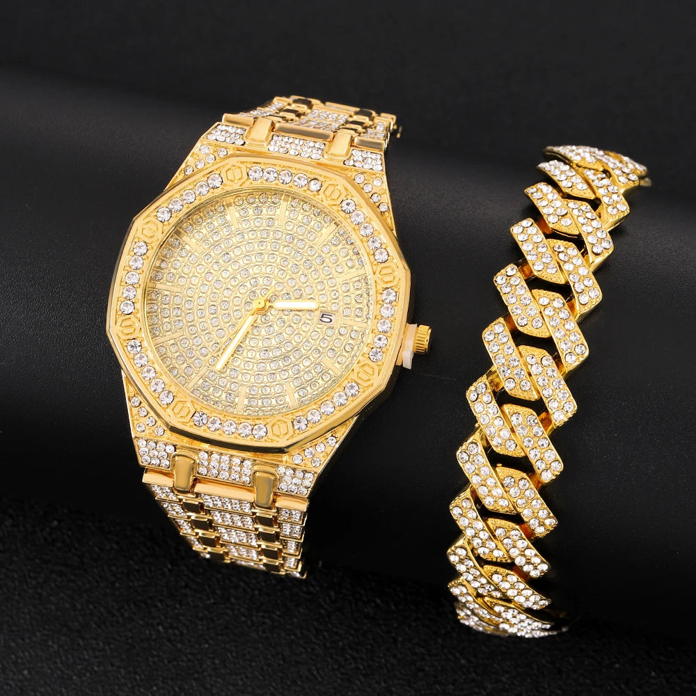 Men's Iced Watch Men's Gold Watch Hip Hop Fashion Cool Bling Gold Diamond Luxury Men's Watch Direct Delivery Relogio