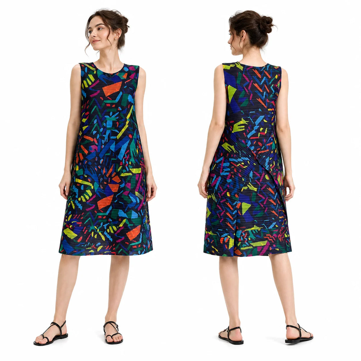 Women Pleated Sleeveless Midi Dress, Abstract Geometric Colorful Art Print Loose A‑Line Tank Dress Round Neck Casual Summer Vacation Party Midi Dresses for Ladies