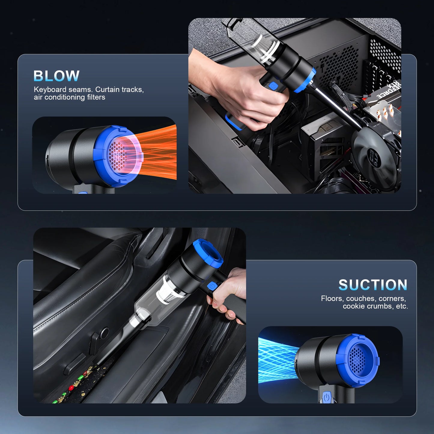 12000Pa 4 in 1 Car Vacuum Portable Cordless High Power Hand Held Vacuum, Brushless Motor Handheld Vacuum Cordless Air Duster