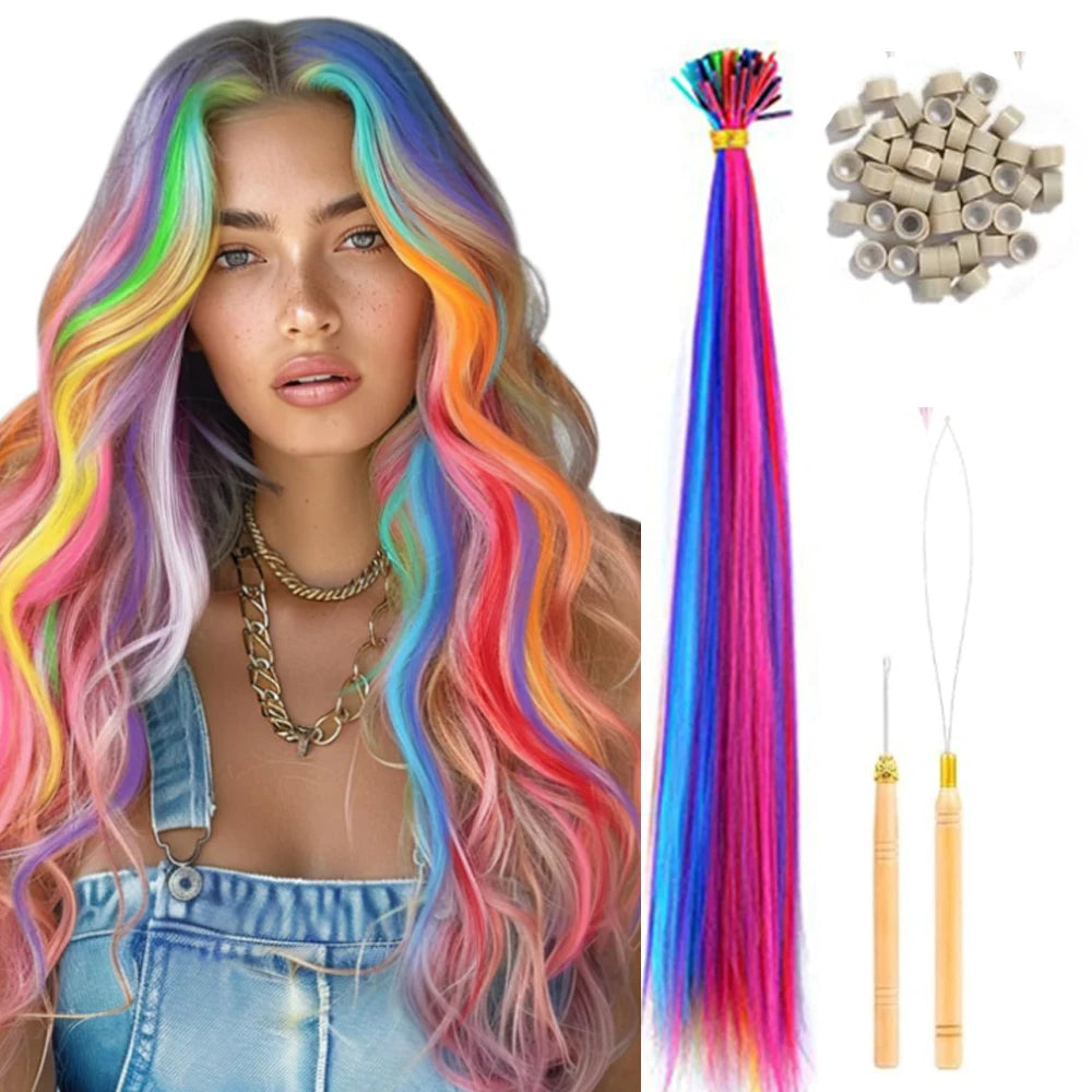 50 Pcs Hair Feathers with Hair Extension Tools,Long Straight Synthetic Hair Feather Extensions Kit with Beads for Women Girls