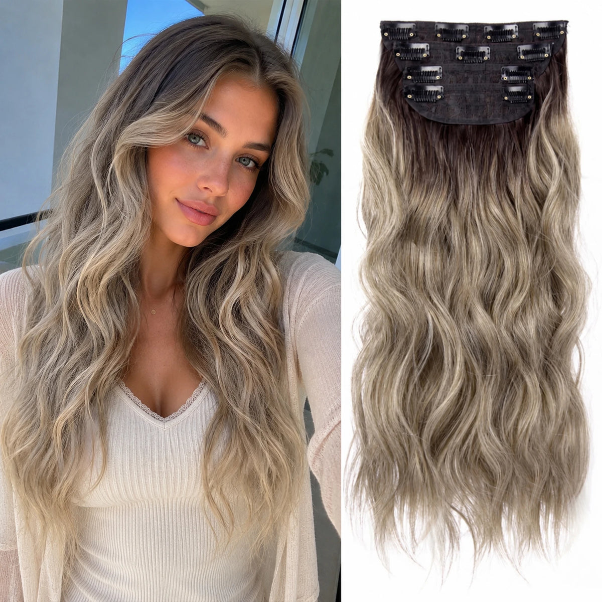 4Pcs/Set 20Inch Synthetic Hair Clip In Long Wavy Thick Hairpieces For Women Full Head Synthetic Hair Extensions Ombre Hairpieces