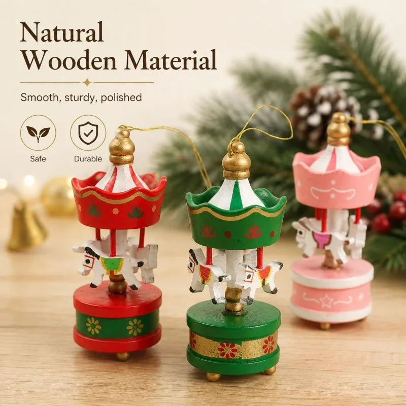 Xmas Carousel Hanging Pendant Wooden Carousel with Hanging Cord Christmas Tree Decorations Holiday Gifts Wooden Horse Ornament