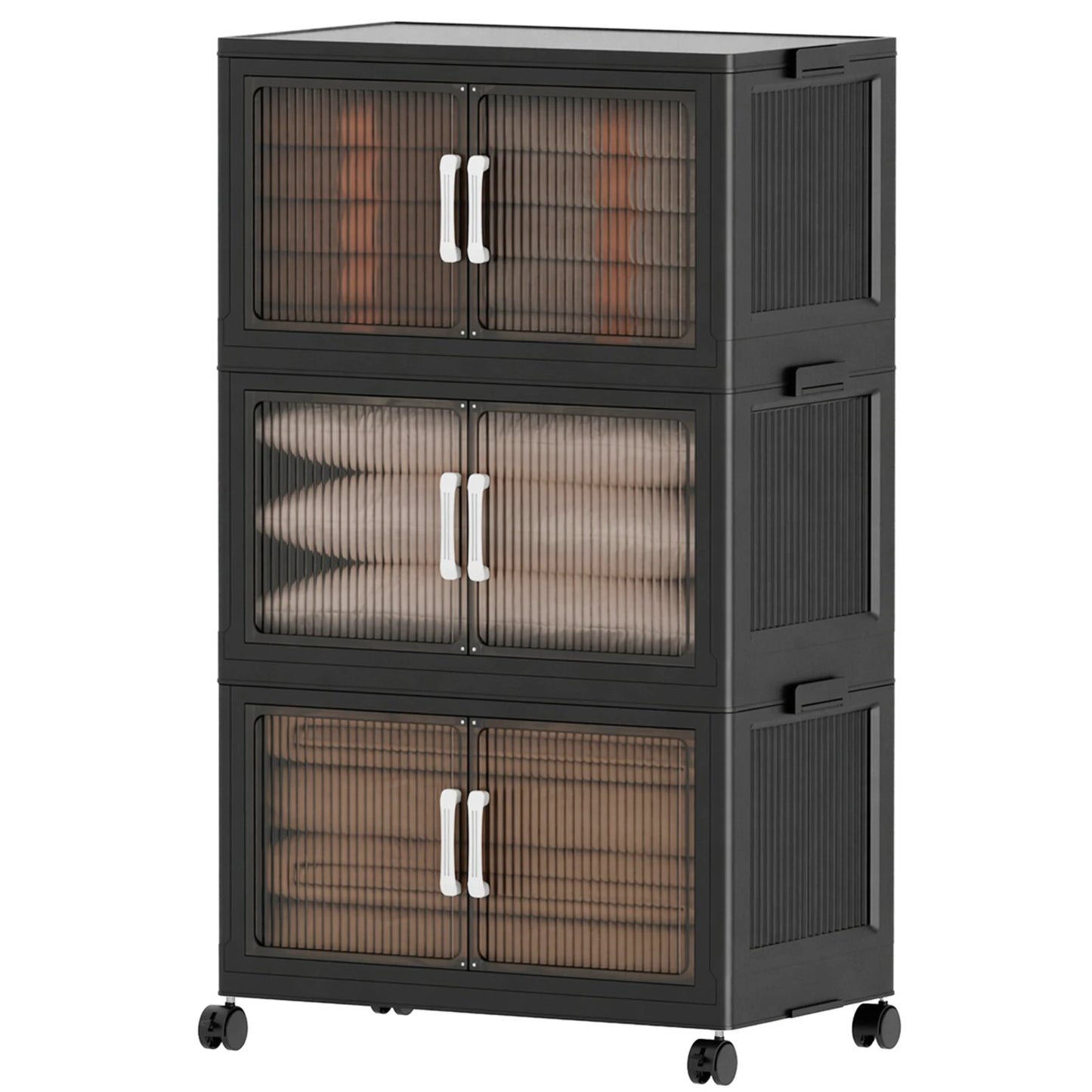 5‑Tier Stackable Plastic Storage Cabinet with Wheels, Foldable Storage Organizer with Transparent Flip‑Door, Multi‑Layer Portable Closet Organizer for Bedroom Living Room Home