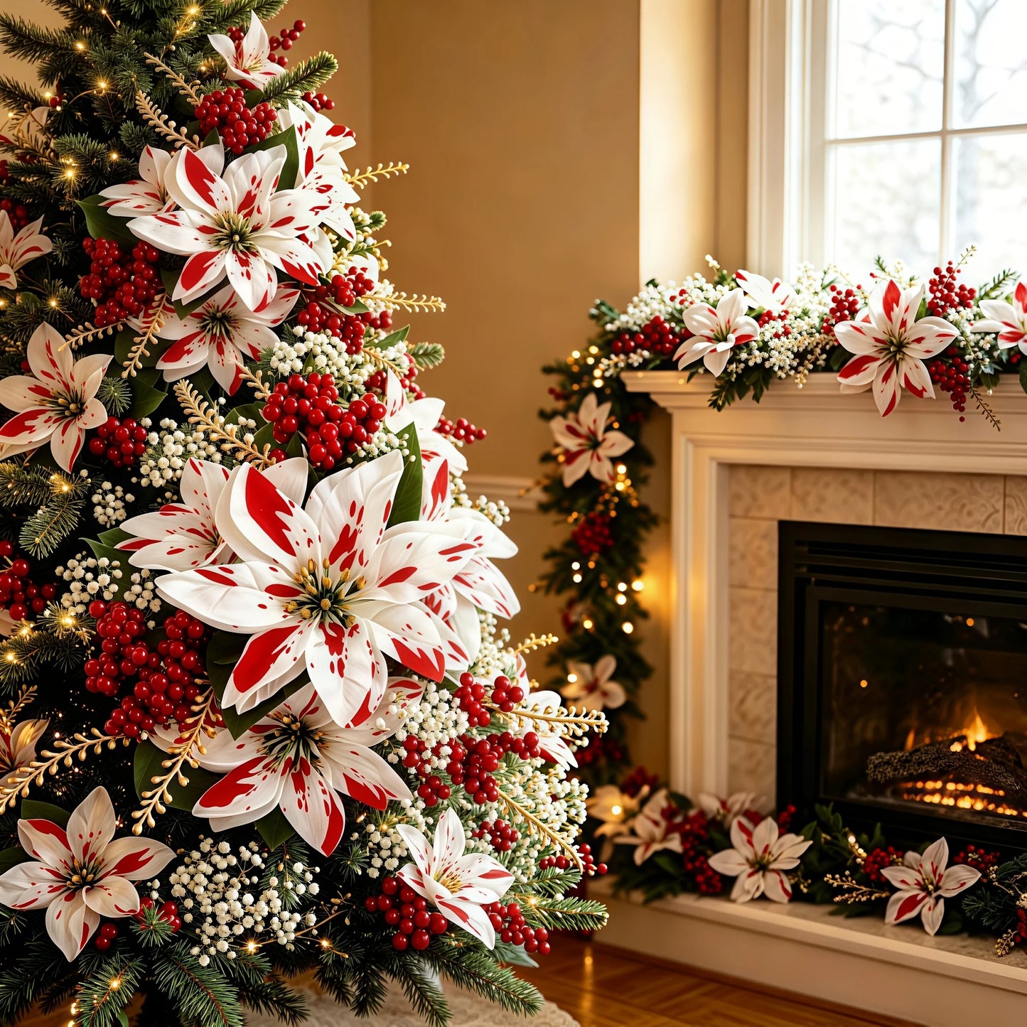 7-Piece Christmas Red and White Poinsettia Artificial Flower Bouquet, with Baby's Breath, Holiday Floral Set! Suitable for Fireplaces, Stair Railings, Dining Tables, Bedroom Vases, Balcony Flower Pots, and Stage Backdrops, Ha