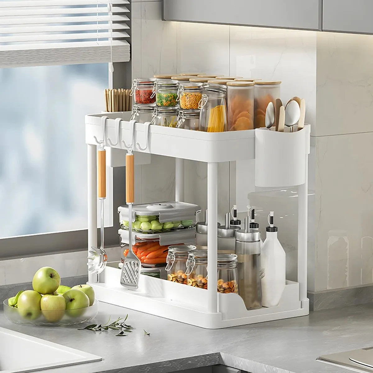 2 Tier Under Sink Organizer Sliding Cabinet Basket Organizer Storage Rack with Hooks Hanging Cup Bathroom Kitchen Organizer