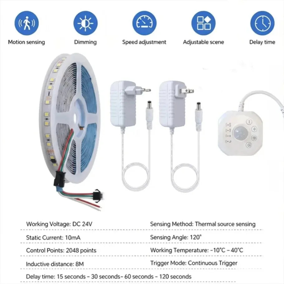 DC24V Flowing Water Effect LED Strip with Motion Sensor US/EU Plug for Stair Corridor Entrance Wardrobe Cabinet Bedroom Lighting