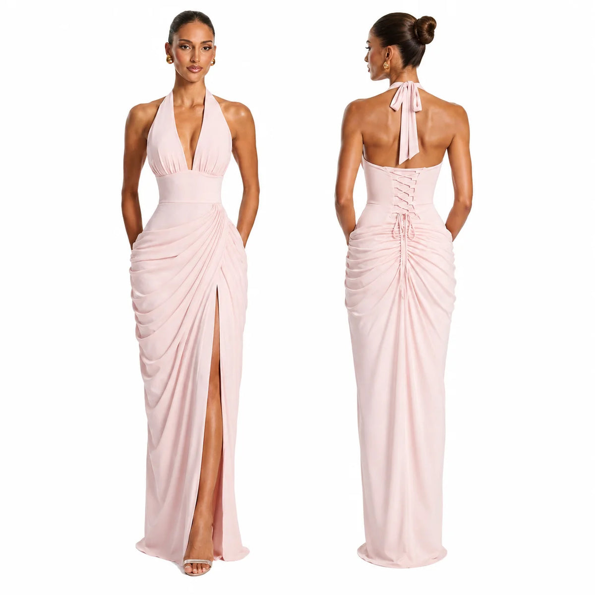 Women Elegant Halter Neck Formal Gown, Open Back Draped Ruched High Slit Maxi Dress for Prom Wedding Guest Bridesmaid Cocktail Party,evening gown,formal dress,maxi dress,prom dress,bridesmaid dress,wedding guest d
