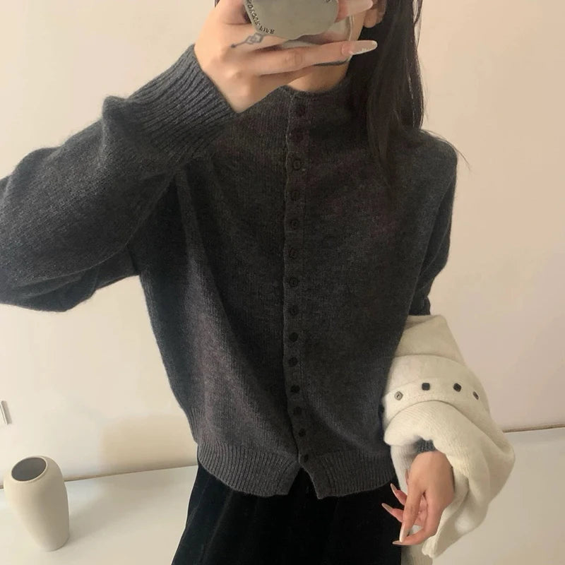 Women Stand Collar Button Down Knit Cardigan Sweater Korean Style Casual Knitwear Solid Color Soft Knitted Top for Autumn Winter