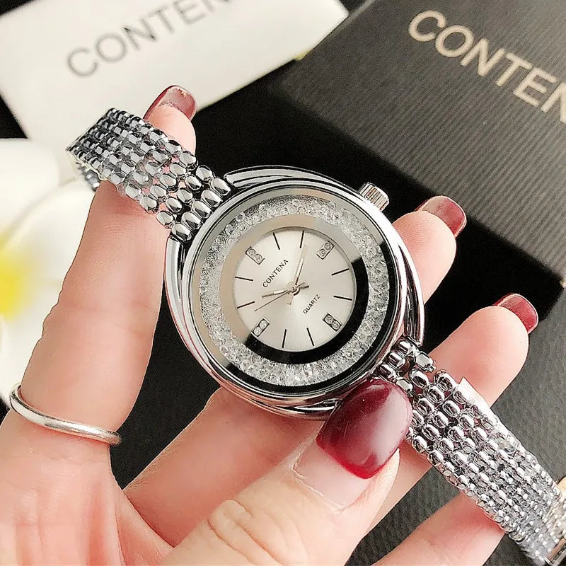 Luxury Rhinestone Ladies Stainless Steel Watch CONTENA Fashion Gold Women's Watch Diamonds Ceasuri Quartz Wristwatches Clock