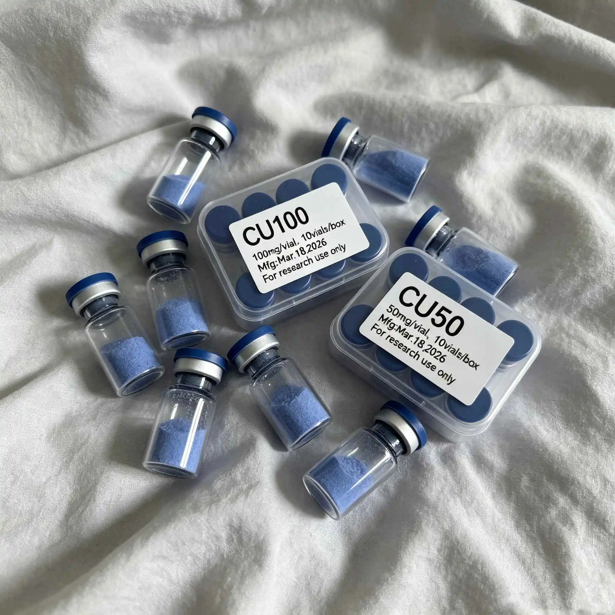 (Cap Color Varies) High-Quality Lyophilized GHK-Cu Copper Powder (50mg & 100mg) — 1 Box / 10 Vials: Repairs Skin Damage, Hydrate