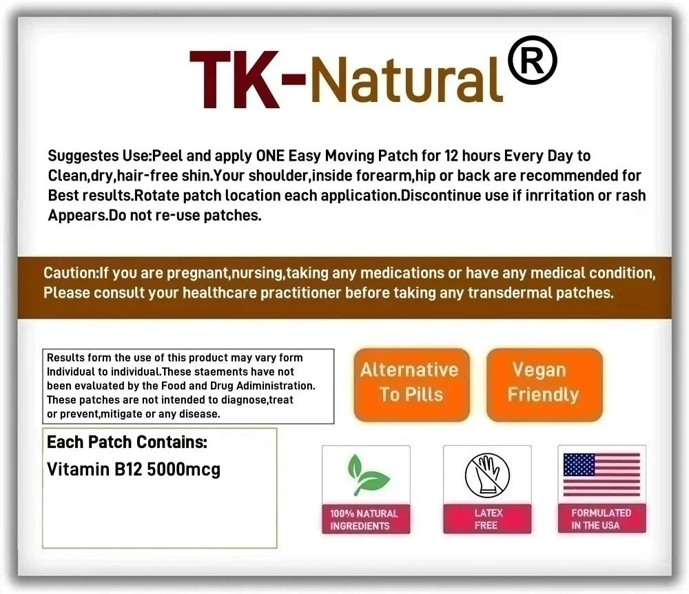 30 Patches Vitamin B12 Transdermal Patches for Memory, Mood, Blood Cell Function, Cardiovascular and Energy