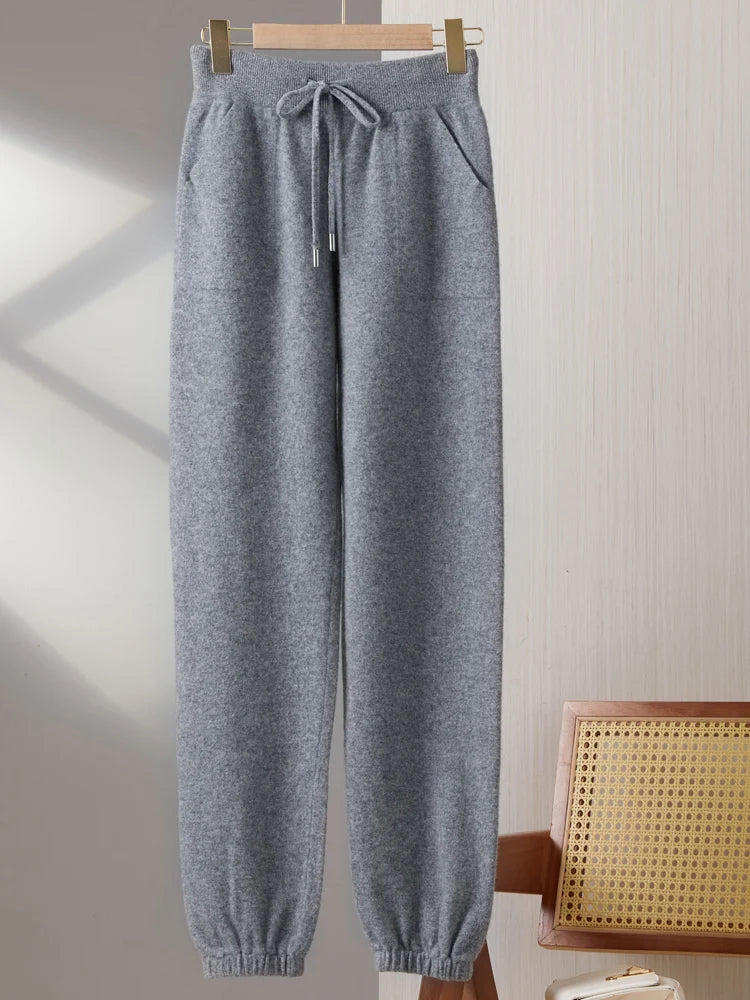 Women's Wool Pencil Pants Drawstring Elastic Waist Trousers Autumn Winter Solid 100% Merino Wool Knitted Cashmere Pockets Pants