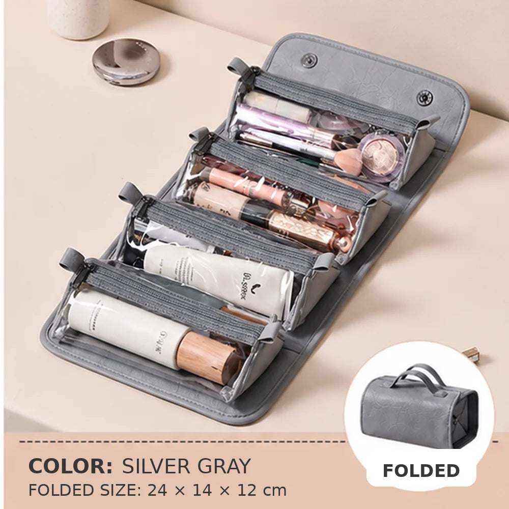 Travel Makeup Bag for Women on Business Trips, 4 Detachable Clear Pouches, Foldable Hanging Cosmetic Toiletry Organizer