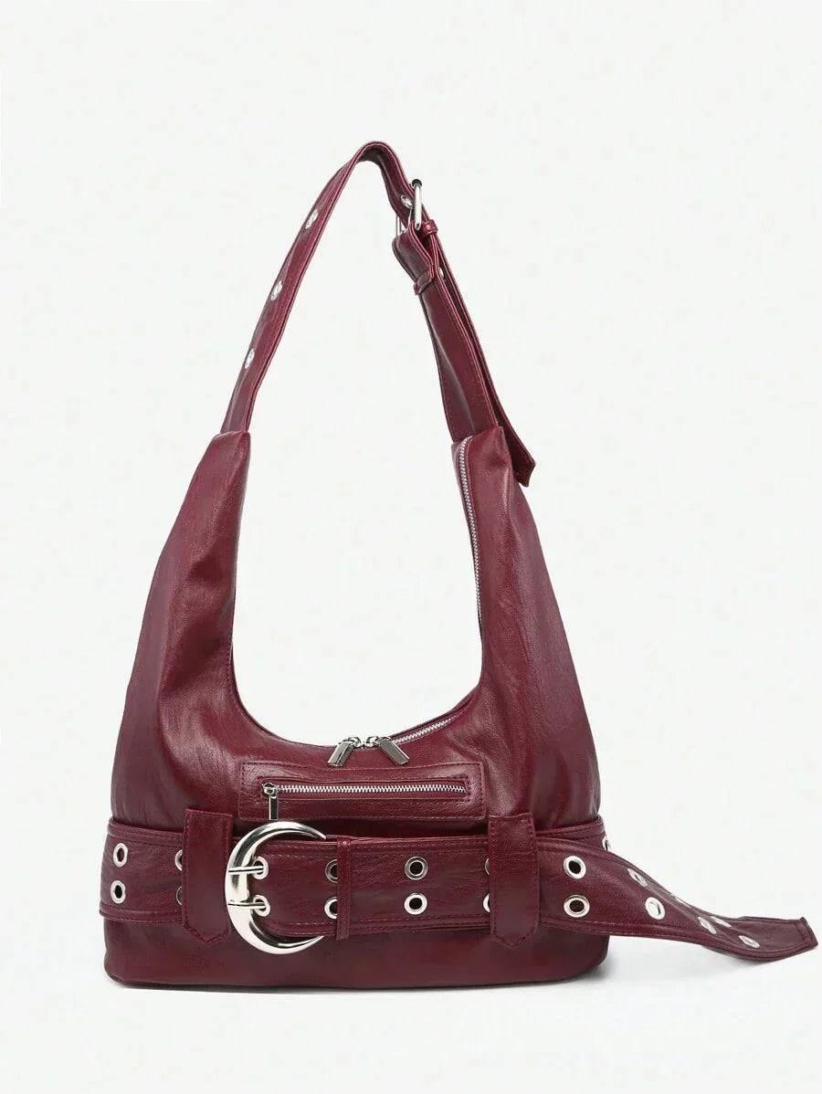Multi-Strap Metal Decor Casual Distressed Faux Leather Shoulder Underarm Bag