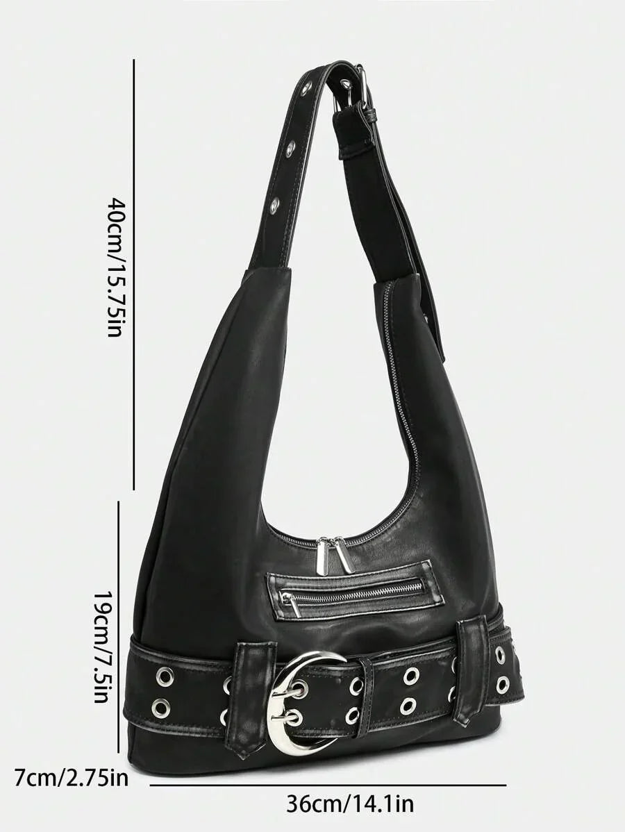 Multi-Strap Metal Decor Casual Distressed Faux Leather Shoulder Underarm Bag