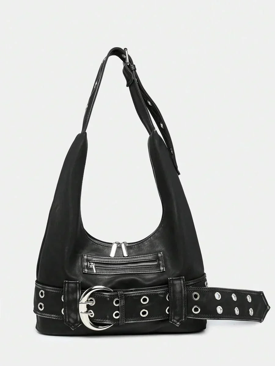 Multi-Strap Metal Decor Casual Distressed Faux Leather Shoulder Underarm Bag