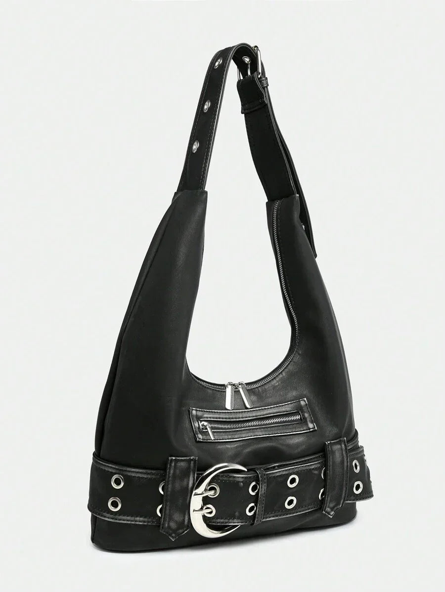 Multi-Strap Metal Decor Casual Distressed Faux Leather Shoulder Underarm Bag