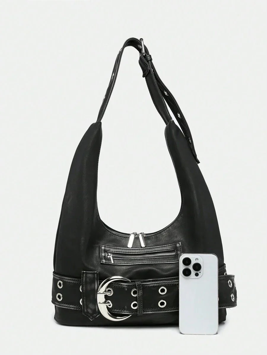 Multi-Strap Metal Decor Casual Distressed Faux Leather Shoulder Underarm Bag