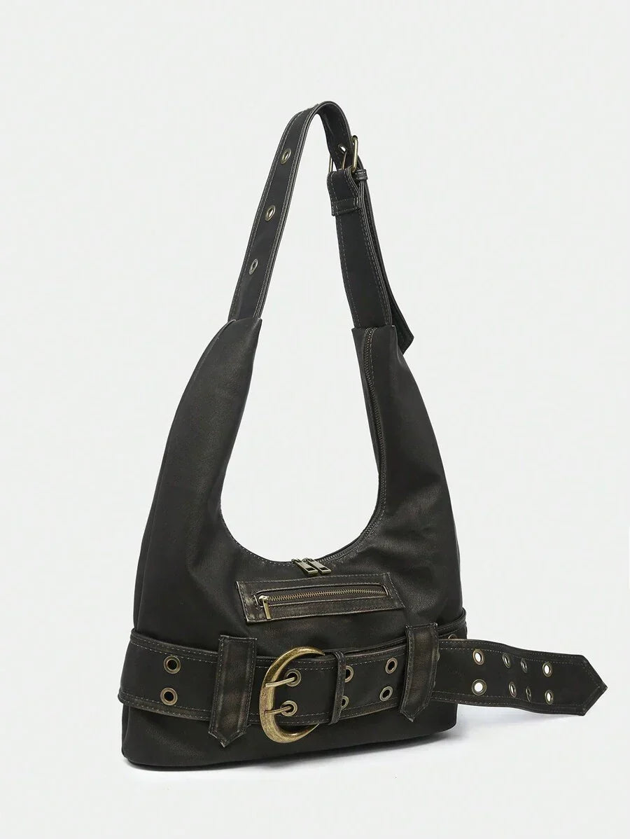 Multi-Strap Metal Decor Casual Distressed Faux Leather Shoulder Underarm Bag