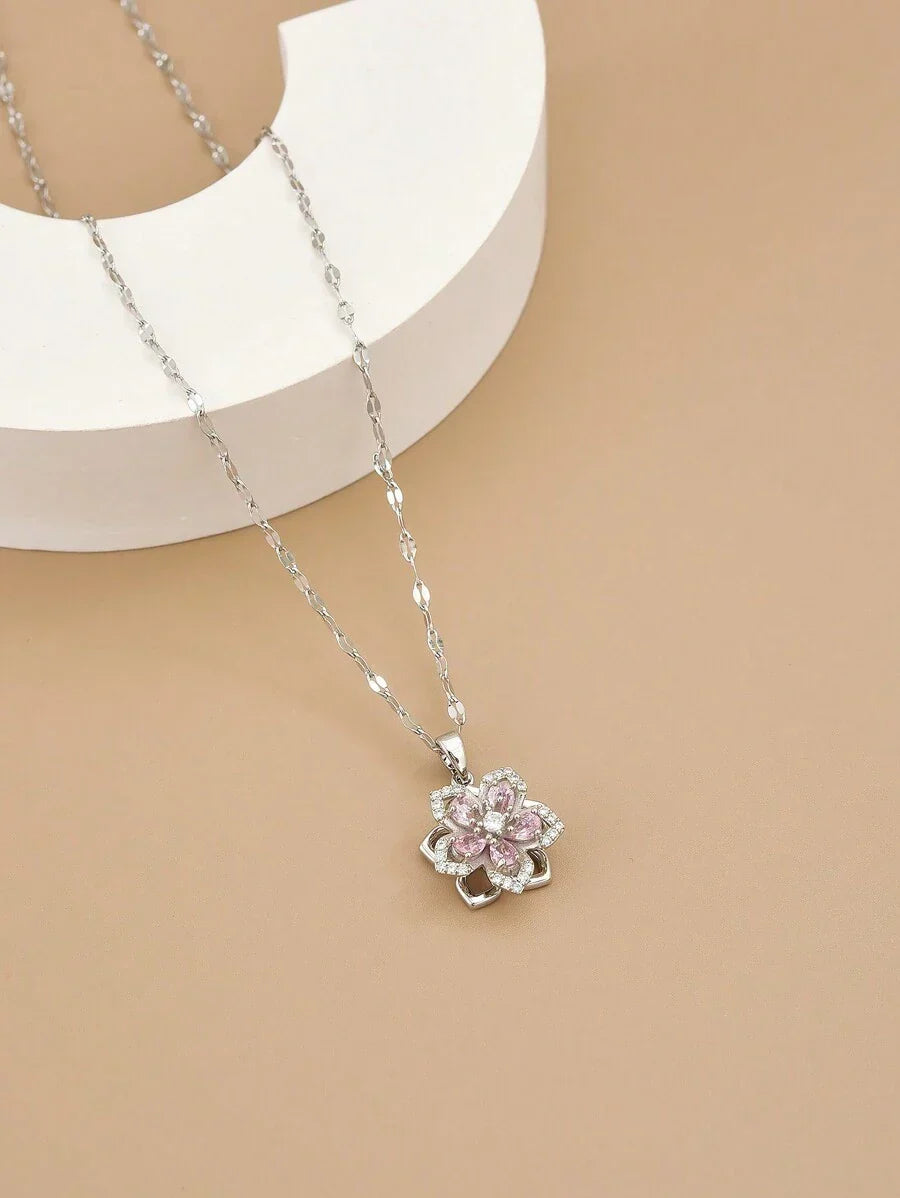 1pc Stainless Steel 5-Petal Rotating Flower Necklace