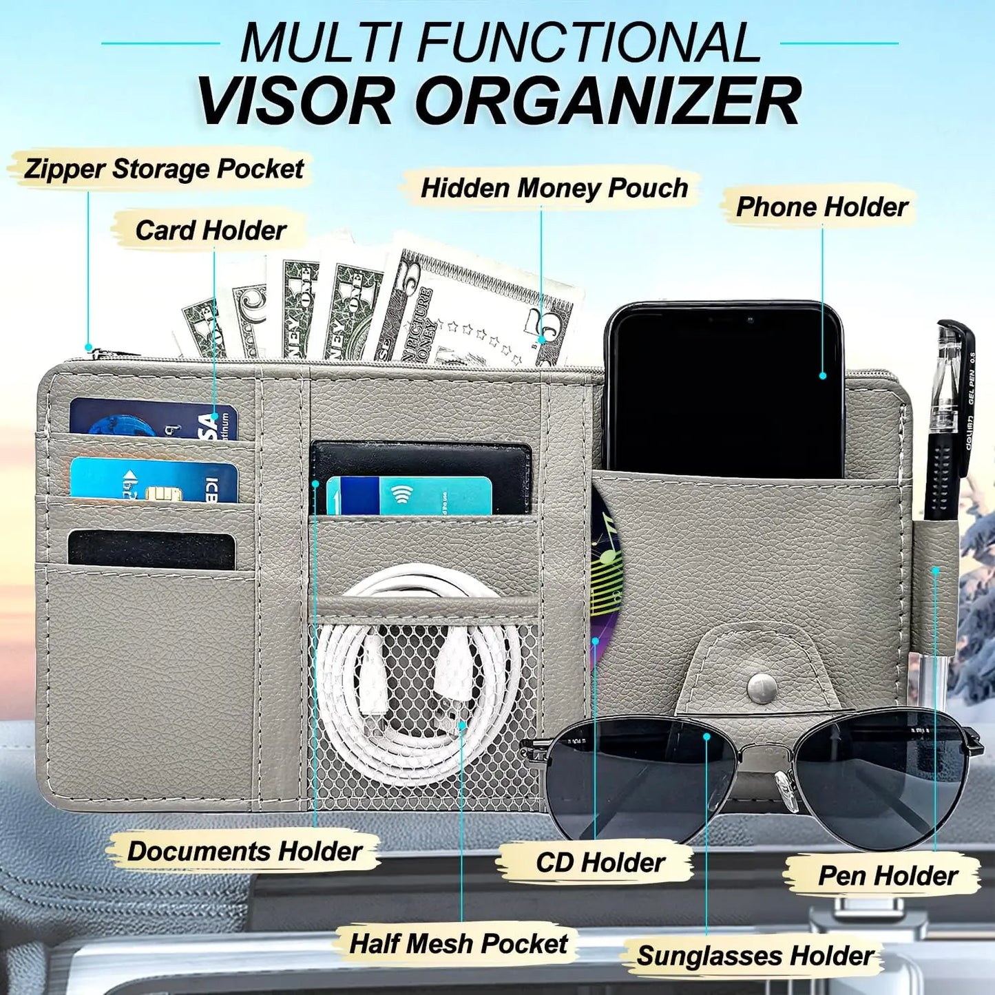 Car Sun Visor Organizer Truck Storage Pocket Pouch Case Bag for Sunglasses Cards Pens Document - Dashboard Sunshade Organizer