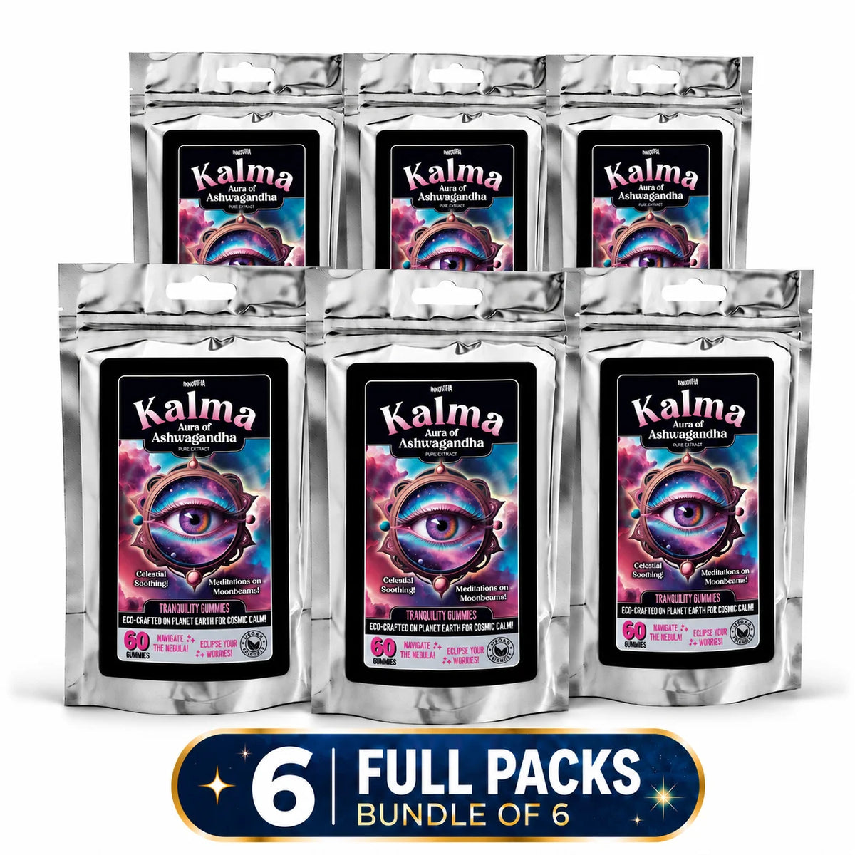 Kalma 6 x 60 Gummies Full Pack Bundle Pure Ashwagandha Extract + Vitamin B6 Adaptogenic Vegan Gummies - 6 Month Supply Formulated for Calm, Balance + Mental Clarity. Support Focus, Restful Sleep + Your Natural Response to Eve