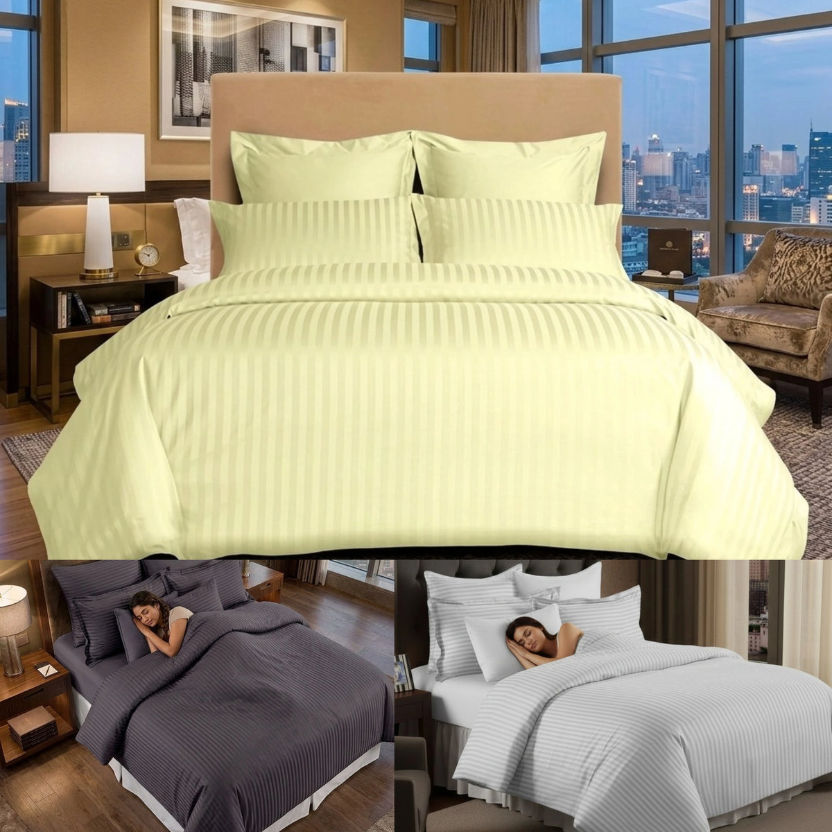 Luxury Satin Stripe Duvet Cover Set 100% Polycotton Bedding Set Single, Double, King Super King Sizes Soft Hotel Quality