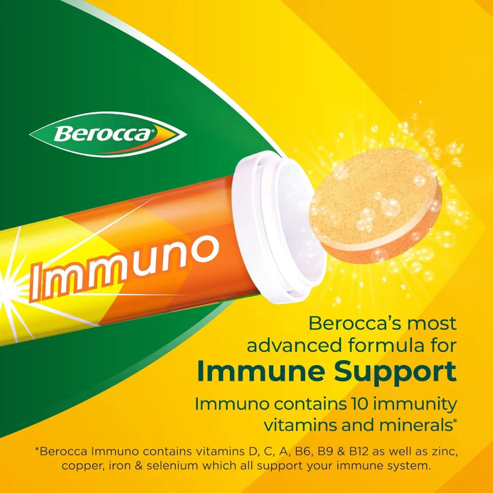 Berocca Immuno Effervescent Tablets, 11 Vitamins and Minerals, Including Vitamins D, C, A, B9, Zinc and Iron