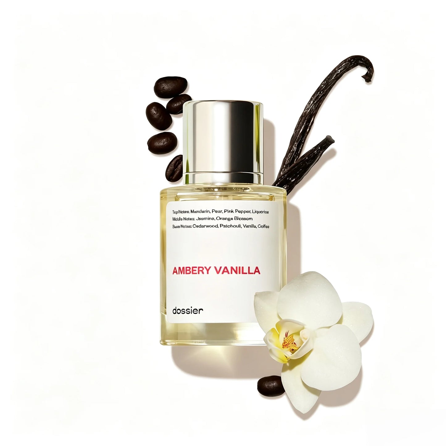 Dossier Ambery Vanilla Unisex EDP Perfume Clear Mini Square Bottle Polished Silver Cylindrical Cap Minimalist White Text Label Warm Creamy Amber Vanilla Coffee Woody Scent Clean Neutral Gourmand Fragrance Gift For Men Women