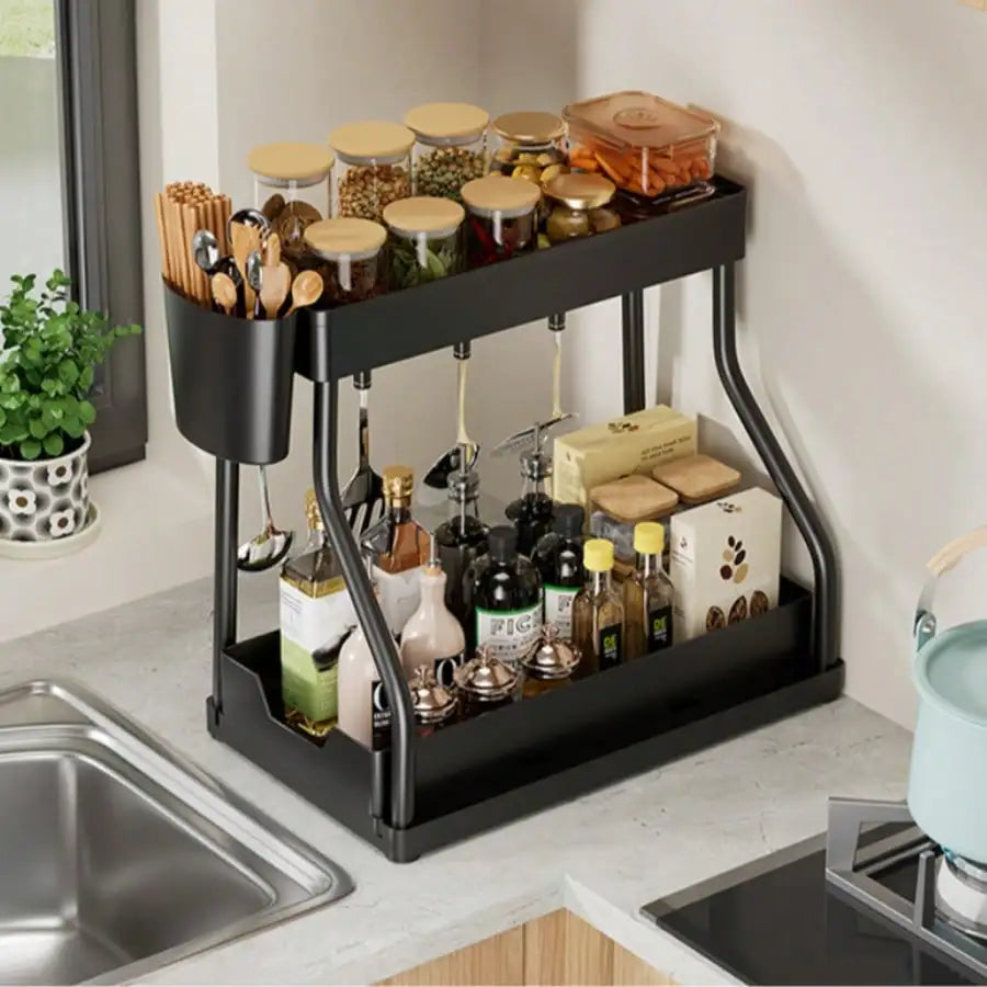 Multifunctional 2-Tier Under Sink Storage Organizer, Pull-Out Cabinet Rack Drawer, R-Shaped Expandable Adjustable Shelf, Large Capacity Space Saving Bathroom & Kitchen Organizer, Sliding Under Cabinet Storage Basket, Countert