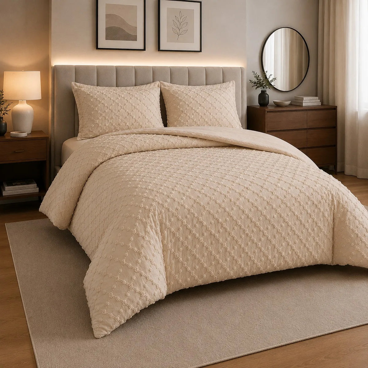 Luxury Diamond Tufted Duvet Cover Set Soft Microfibre Bedding Set with Pillowcases Hidden Zip Closure Quilt Cover