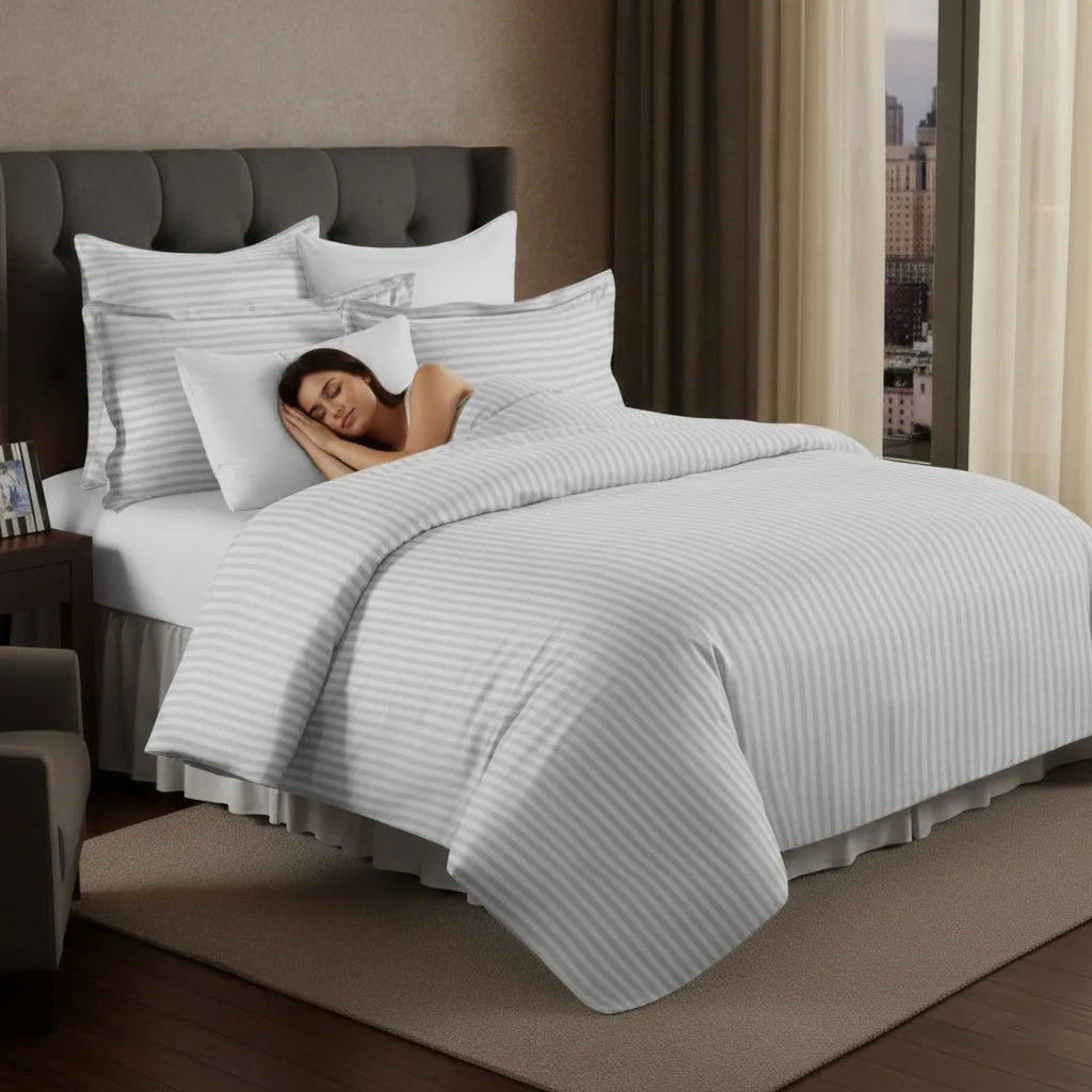 Luxury Satin Stripe Duvet Cover Set 100% Polycotton Bedding Set Single, Double, King Super King Sizes Soft Hotel Quality