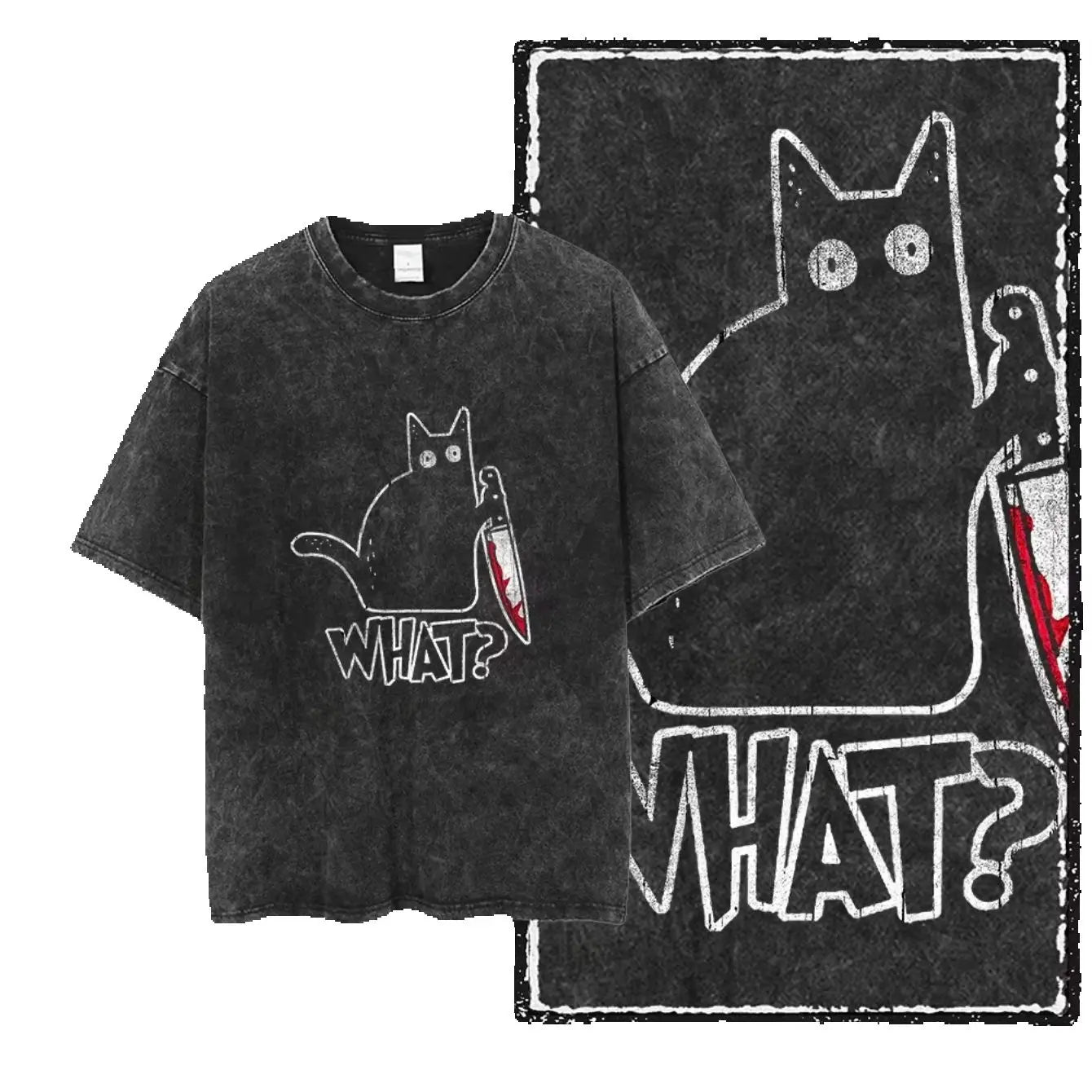 cat Printed Cotton Acid Washed Exclusive Graphic Unisex T Shirt Cool Streetwear Men Tshirts Big Size Tee for men