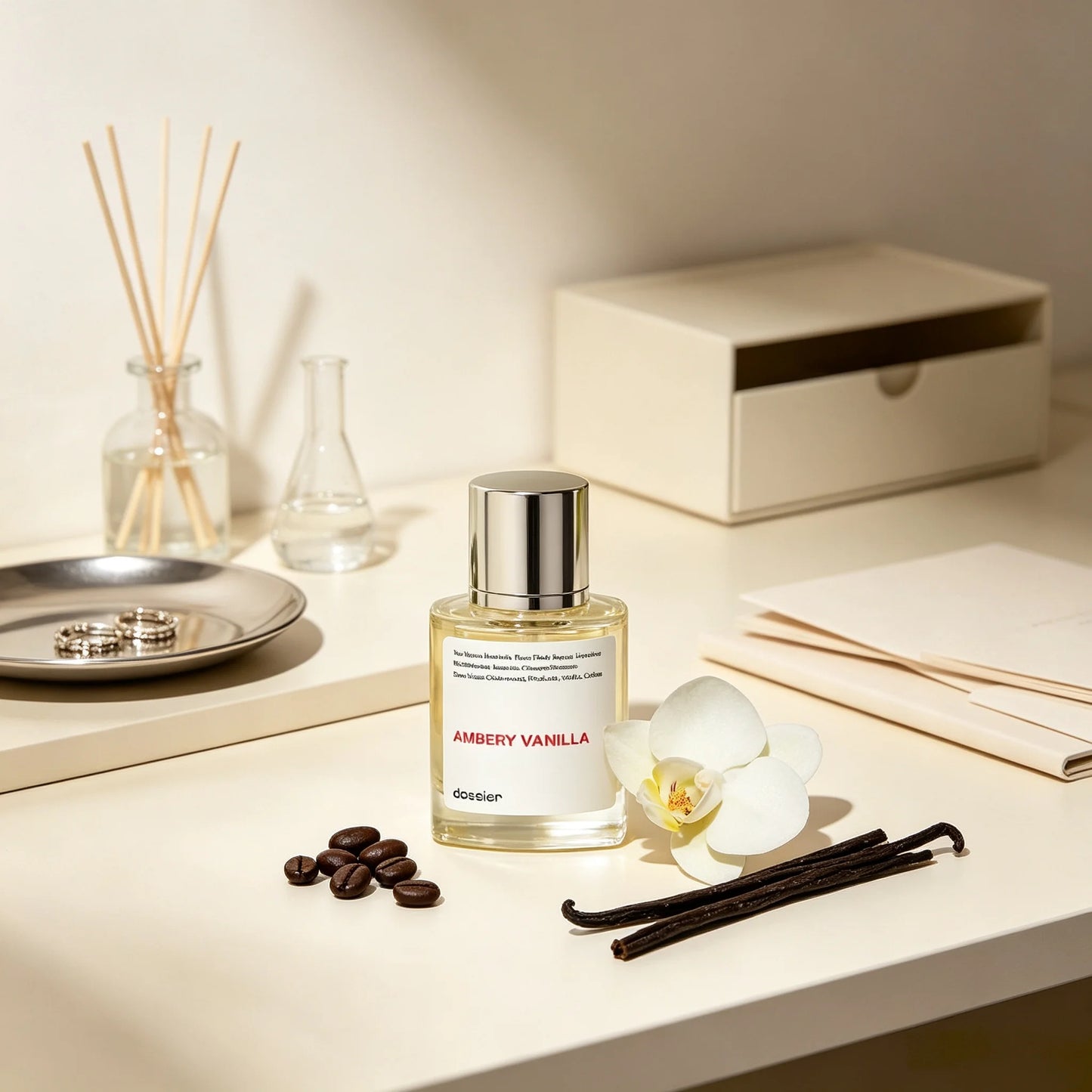 Dossier Ambery Vanilla Unisex EDP Perfume Clear Mini Square Bottle Polished Silver Cylindrical Cap Minimalist White Text Label Warm Creamy Amber Vanilla Coffee Woody Scent Clean Neutral Gourmand Fragrance Gift For Men Women