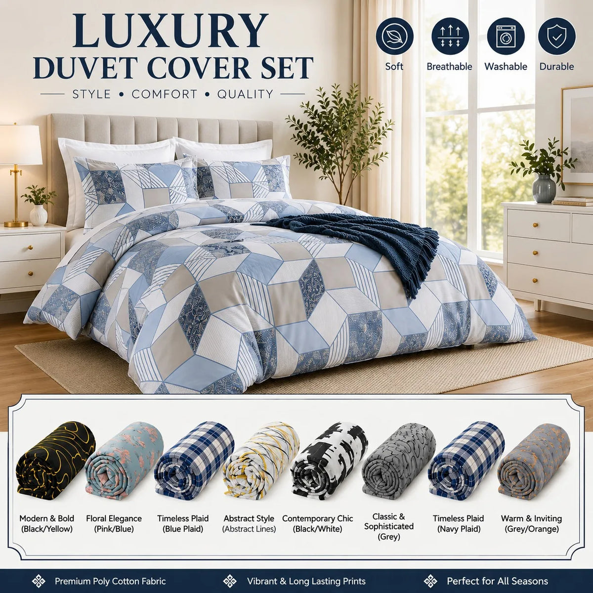 Luxury Printed Microfibre Duvet Cover Set with Pillowcase Soft Breathable Bedding Quilt Cover Single Double King Super King All Season