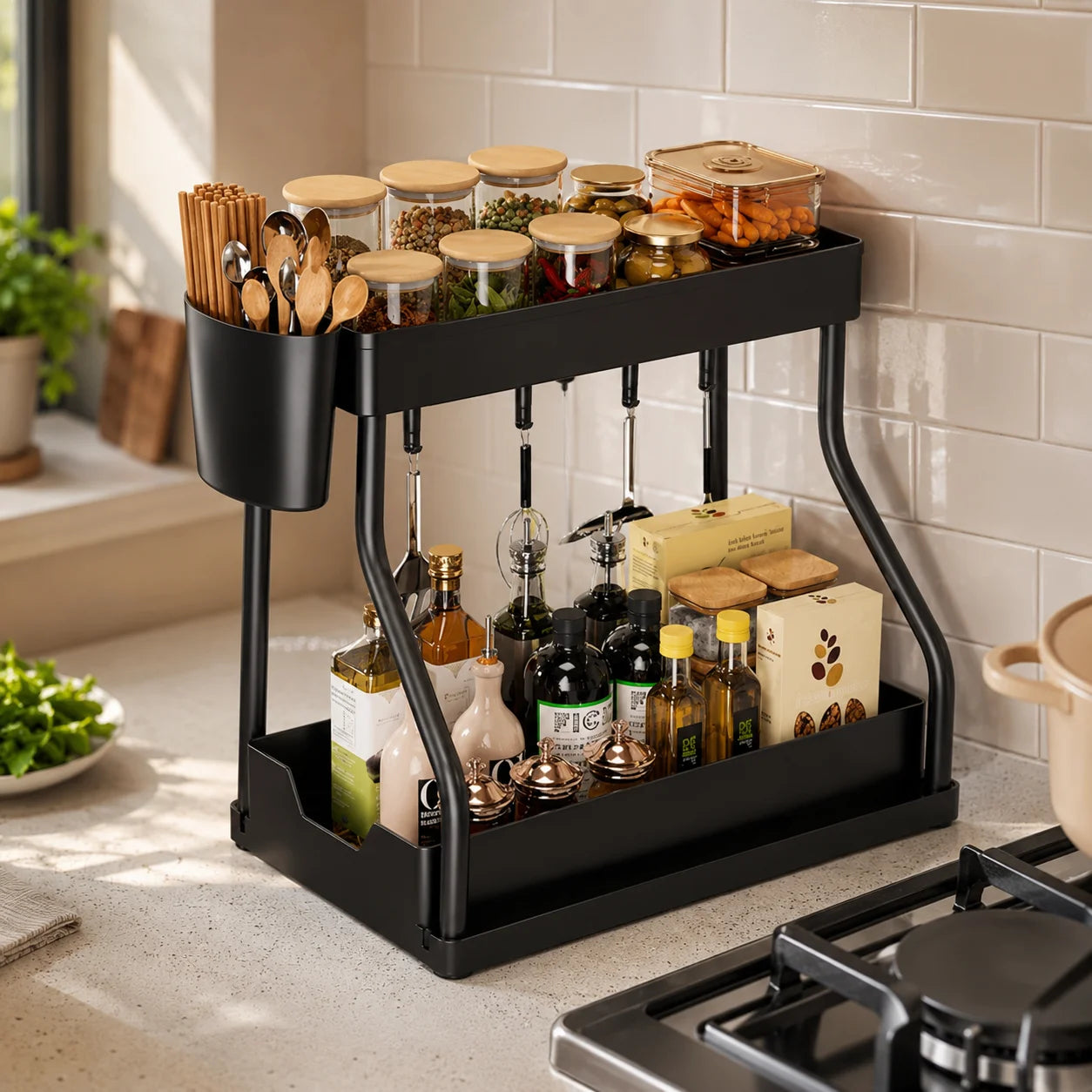 Multifunctional 2-Tier Under Sink Storage Organizer, Pull-Out Cabinet Rack Drawer, R-Shaped Expandable Adjustable Shelf, Large Capacity Space Saving Bathroom & Kitchen Organizer, Sliding Under Cabinet Storage Basket, Countert